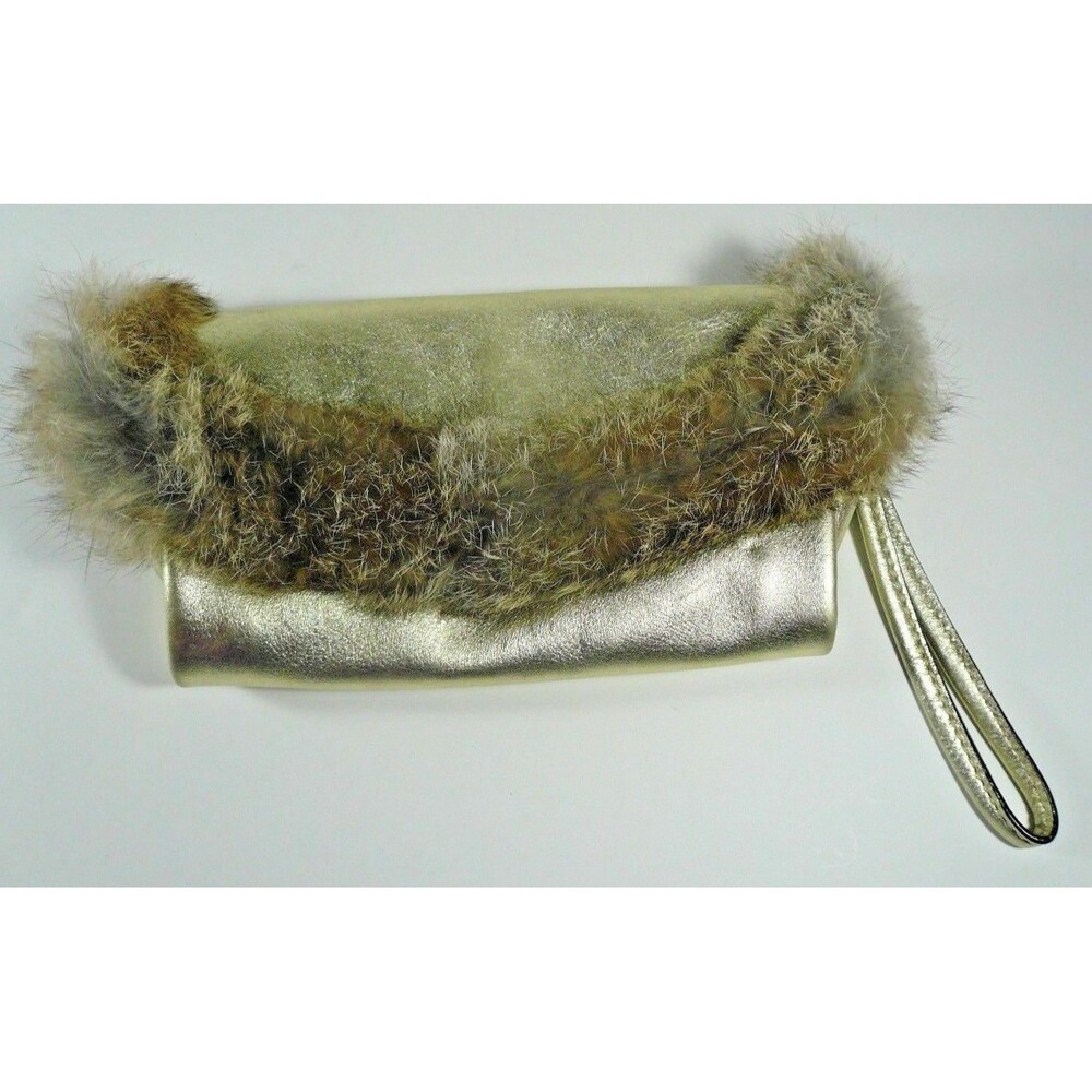 Hype Metallic Gold Leather Wristlet Bag Fur Trim